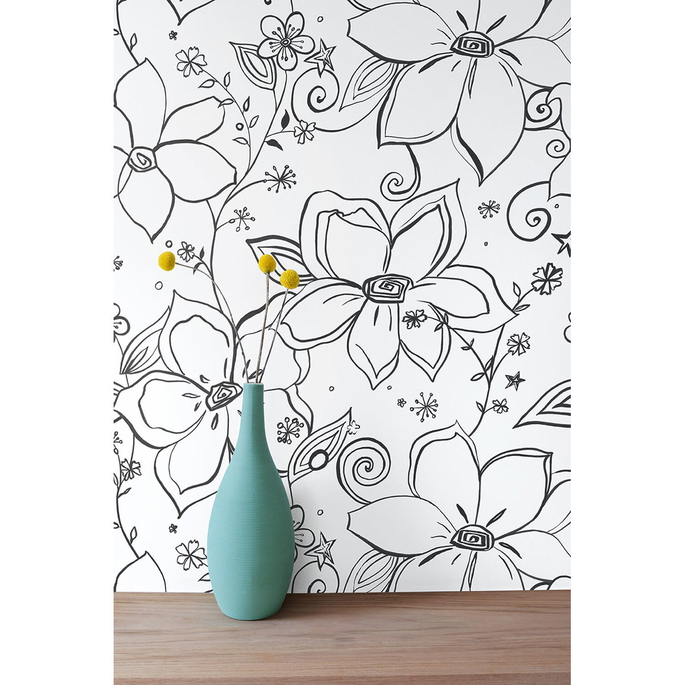 NextWall Peel &amp; Stick Linework Floral Black &amp; White Wallpaper image 2 of 5