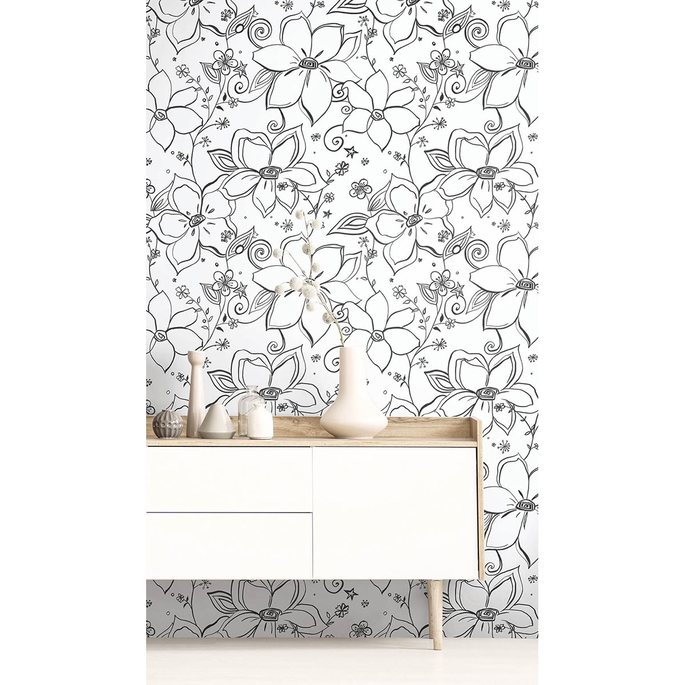 NextWall Peel &amp; Stick Linework Floral Black &amp; White Wallpaper image 3 of 5