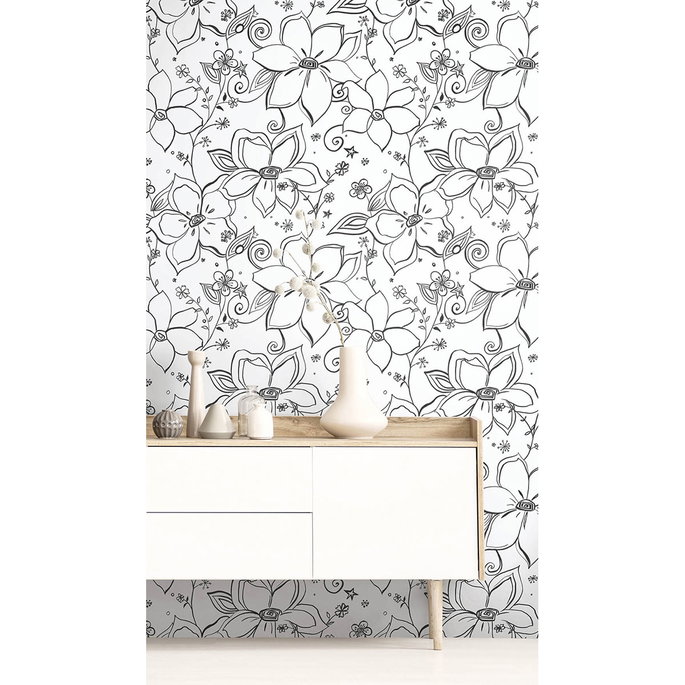 NextWall Peel &amp; Stick Linework Floral Black &amp; White Wallpaper image 3 of 5