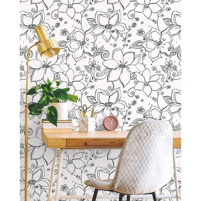 NextWall Peel &amp; Stick Linework Floral Black &amp; White Wallpaper image 4 of 5