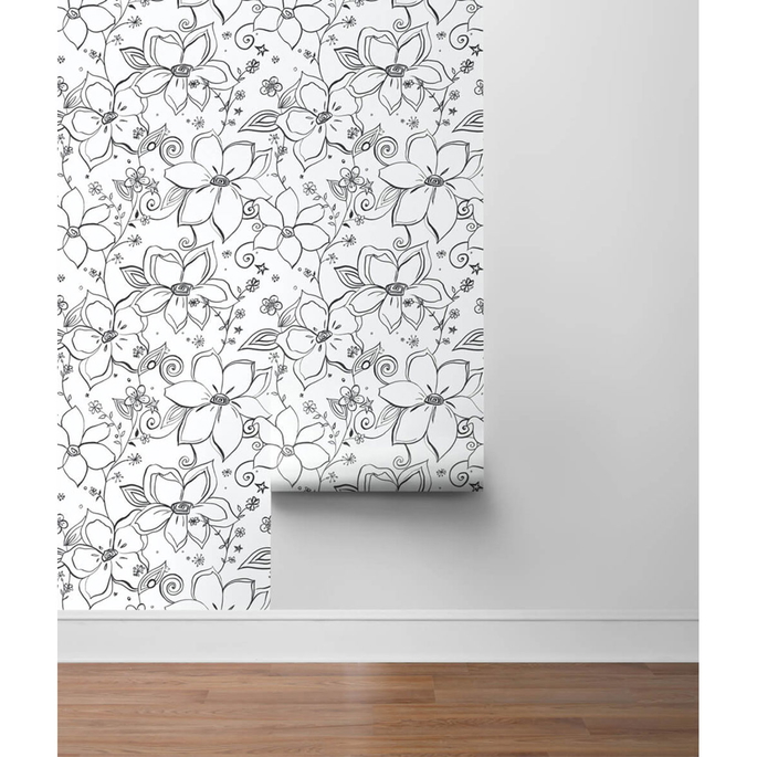 NextWall Peel &amp; Stick Linework Floral Black &amp; White Wallpaper image 5 of 5