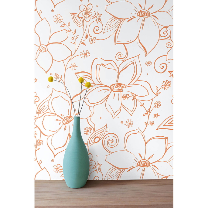 NextWall Peel &amp; Stick Linework Floral Orange &amp; White Wallpaper image 2 of 5