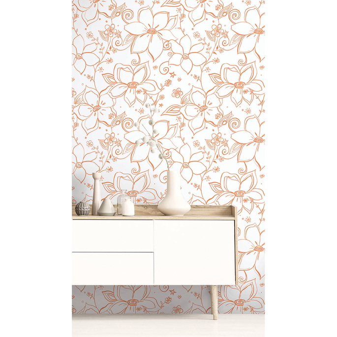 NextWall Peel &amp; Stick Linework Floral Orange &amp; White Wallpaper image 3 of 5