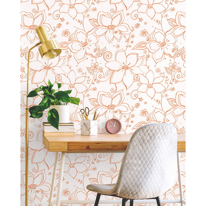 NextWall Peel &amp; Stick Linework Floral Orange &amp; White Wallpaper image 4 of 5