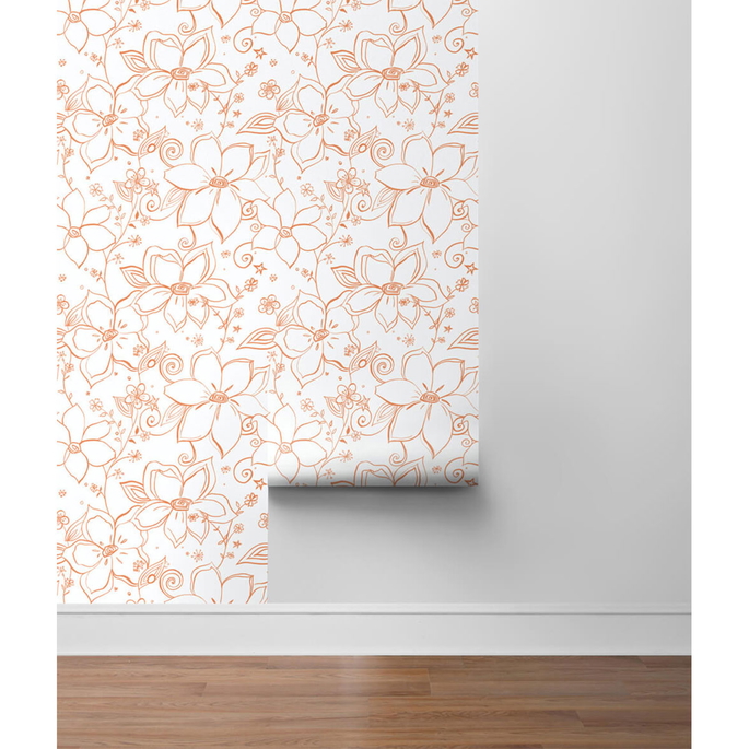 NextWall Peel &amp; Stick Linework Floral Orange &amp; White Wallpaper image 5 of 5
