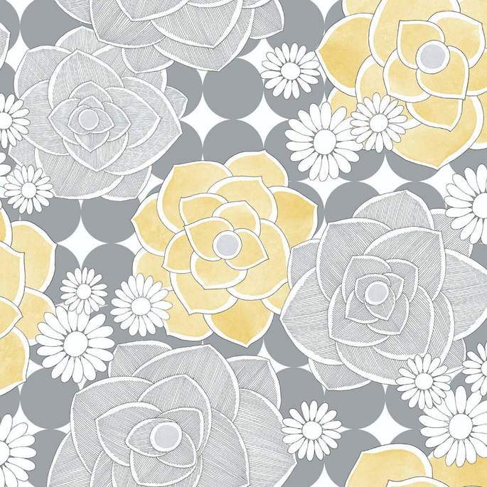 NextWall Peel &amp; Stick Retro Floral Yellow &amp; Gray Wallpaper image 1 of 5