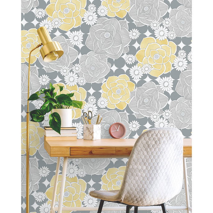NextWall Peel &amp; Stick Retro Floral Yellow &amp; Gray Wallpaper image 2 of 5