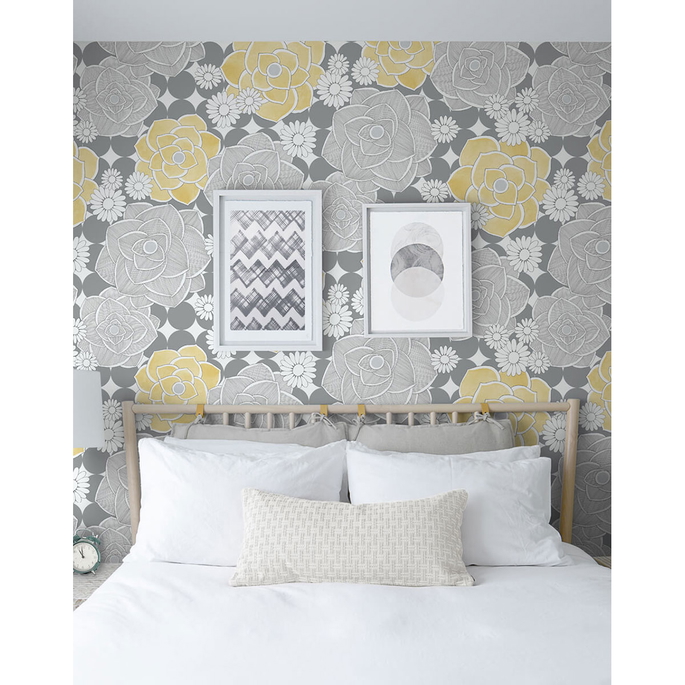 NextWall Peel &amp; Stick Retro Floral Yellow &amp; Gray Wallpaper image 3 of 5