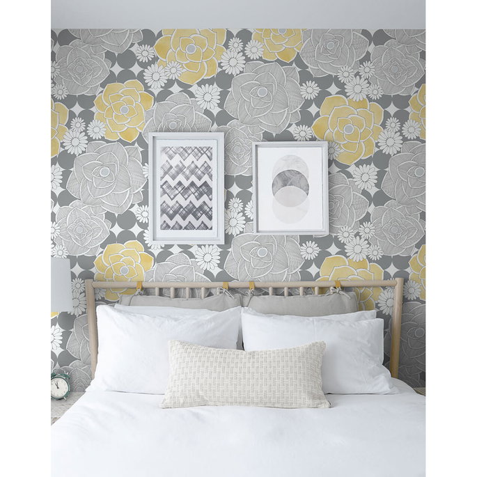 NextWall Peel &amp; Stick Retro Floral Yellow &amp; Gray Wallpaper image 3 of 5