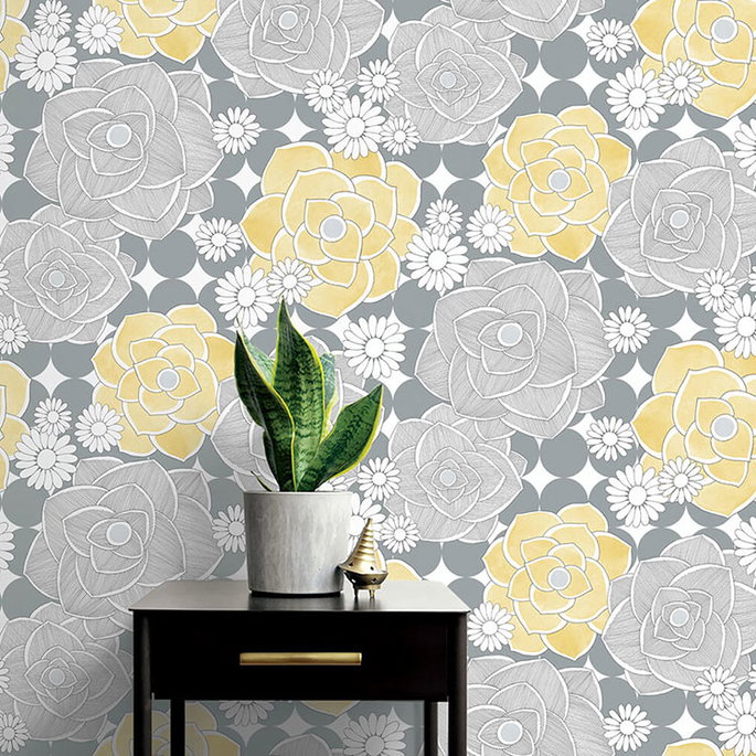 NextWall Peel &amp; Stick Retro Floral Yellow &amp; Gray Wallpaper image 4 of 5