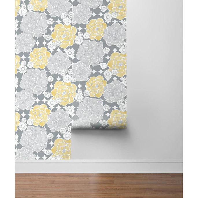 NextWall Peel &amp; Stick Retro Floral Yellow &amp; Gray Wallpaper image 5 of 5
