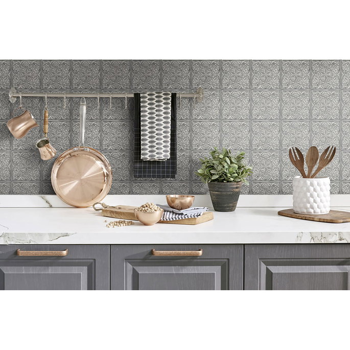 NextWall Peel &amp; Stick Faux Embossed Tile Metallic Silver &amp; Charcoal Wallpaper image 2 of 3