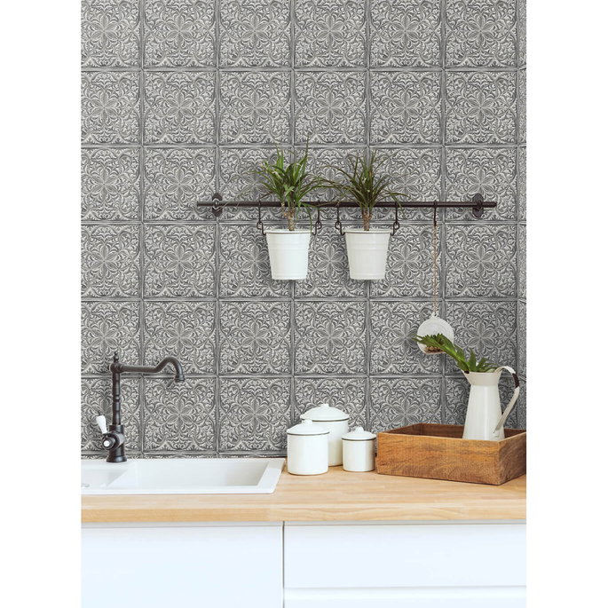 NextWall Peel &amp; Stick Faux Embossed Tile Metallic Silver &amp; Charcoal Wallpaper image 3 of 3