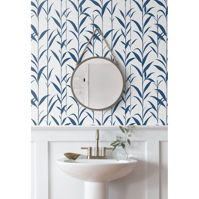 NextWall Peel &amp; Stick Bamboo Leaves Navy Blue &amp; White Wallpaper image 3 of 5