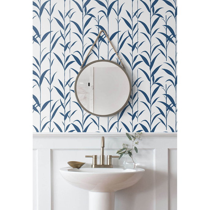 NextWall Peel &amp; Stick Bamboo Leaves Navy Blue &amp; White Wallpaper image 3 of 5