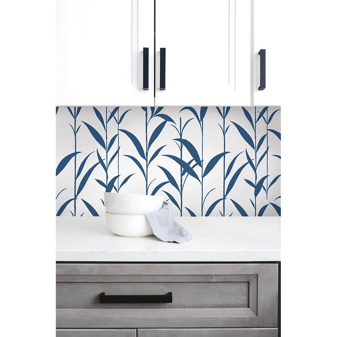 NextWall Peel &amp; Stick Bamboo Leaves Navy Blue &amp; White Wallpaper image 4 of 5