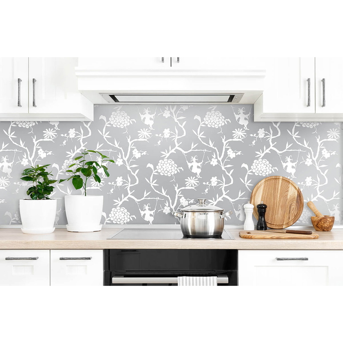 NextWall Peel &amp; Stick Chinoiserie Silhouette Metallic Silver Wallpaper image 4 of 5