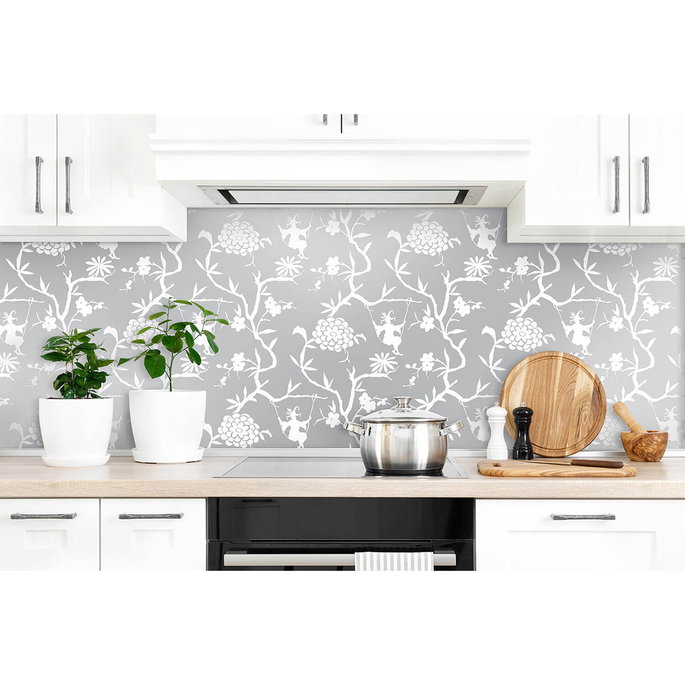 NextWall Peel &amp; Stick Chinoiserie Silhouette Metallic Silver Wallpaper image 4 of 5