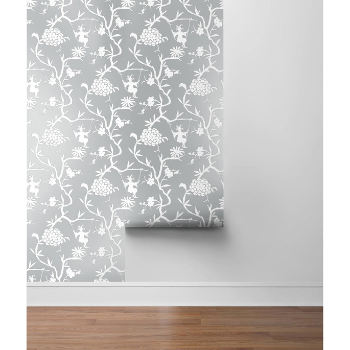 NextWall Peel &amp; Stick Chinoiserie Silhouette Metallic Silver Wallpaper image 5 of 5