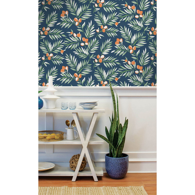 NextWall Peel &amp; Stick Citrus Branch Navy/Sage/Orange Wallpaper image 2 of 5