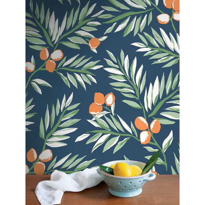 NextWall Peel &amp; Stick Citrus Branch Navy/Sage/Orange Wallpaper image 3 of 5