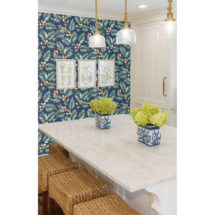 NextWall Peel &amp; Stick Citrus Branch Navy/Sage/Orange Wallpaper image 4 of 5