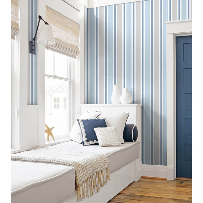 NextWall Peel &amp; Stick Linen Cut Stripe Bluebird &amp; Carrara Wallpaper image 2 of 5