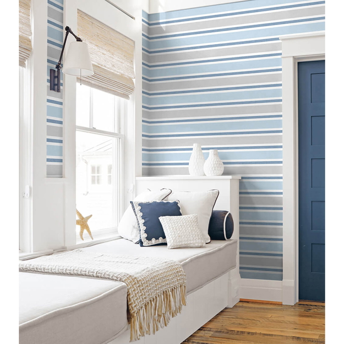 NextWall Peel &amp; Stick Linen Cut Stripe Bluebird &amp; Carrara Wallpaper image 3 of 5