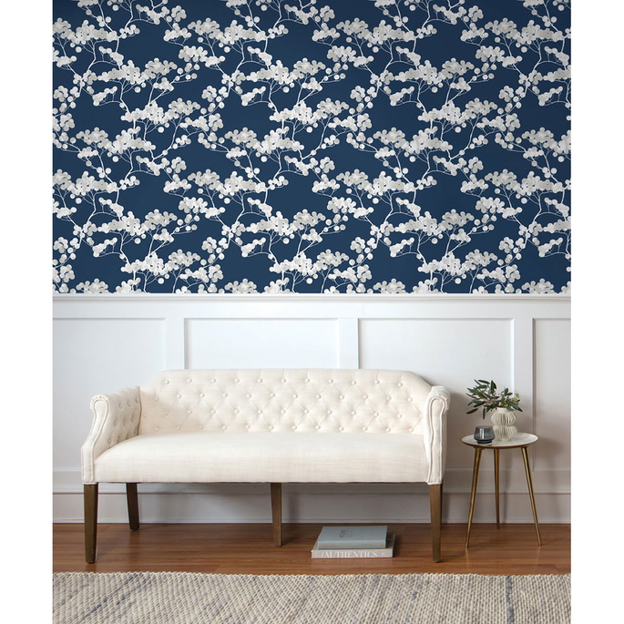 NextWall Peel &amp; Stick Cyprus Blossom Navy Blue &amp; Gray Wallpaper image 2 of 5