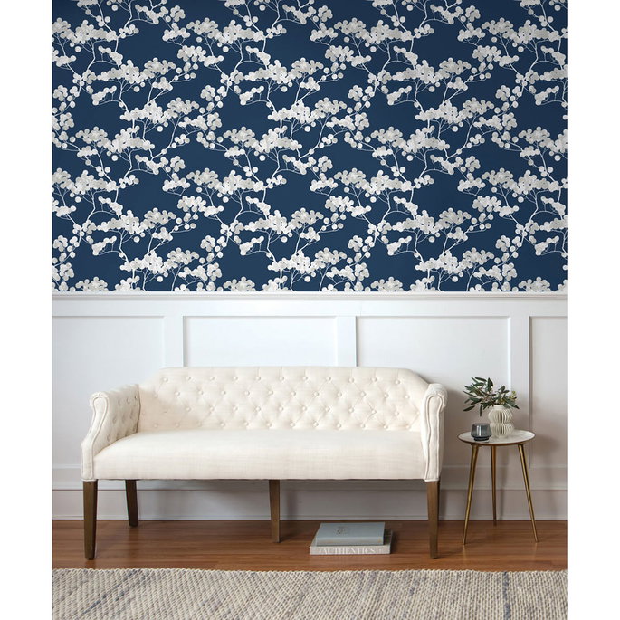 NextWall Peel &amp; Stick Cyprus Blossom Navy Blue &amp; Gray Wallpaper image 2 of 5