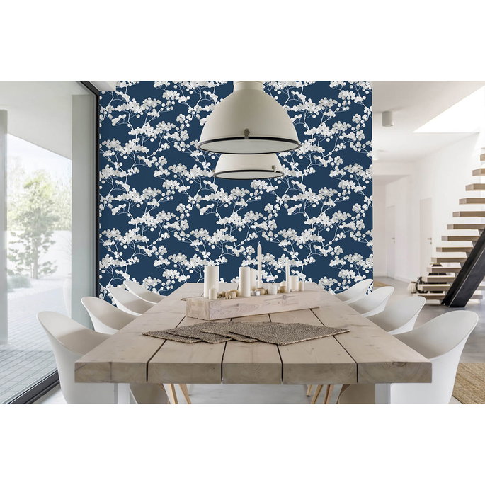 NextWall Peel &amp; Stick Cyprus Blossom Navy Blue &amp; Gray Wallpaper image 3 of 5