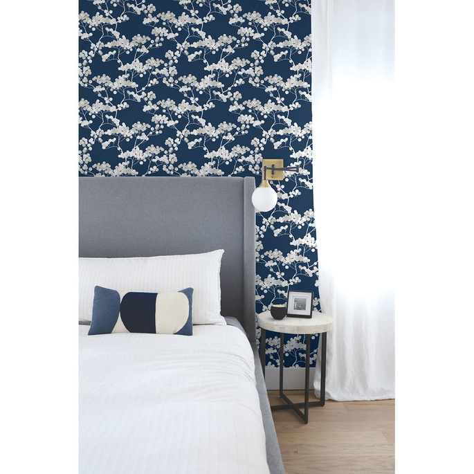 NextWall Peel &amp; Stick Cyprus Blossom Navy Blue &amp; Gray Wallpaper image 4 of 5