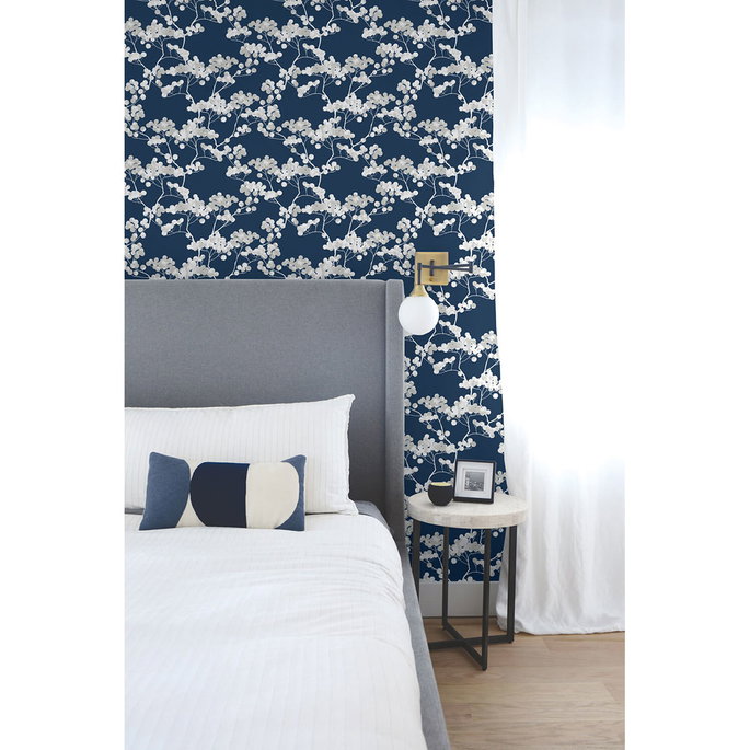NextWall Peel &amp; Stick Cyprus Blossom Navy Blue &amp; Gray Wallpaper image 4 of 5