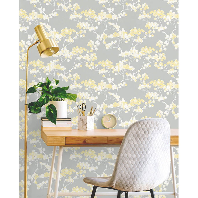 NextWall Peel &amp; Stick Cyprus Blossom Buttercup &amp; Gray Wallpaper image 2 of 5