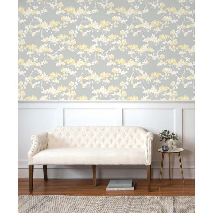 NextWall Peel &amp; Stick Cyprus Blossom Buttercup &amp; Gray Wallpaper image 3 of 5
