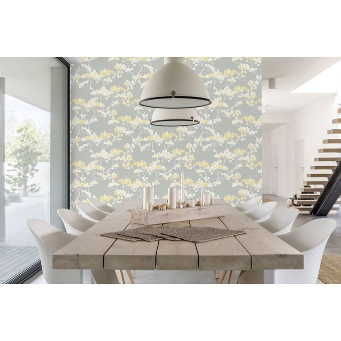 NextWall Peel &amp; Stick Cyprus Blossom Buttercup &amp; Gray Wallpaper image 4 of 5