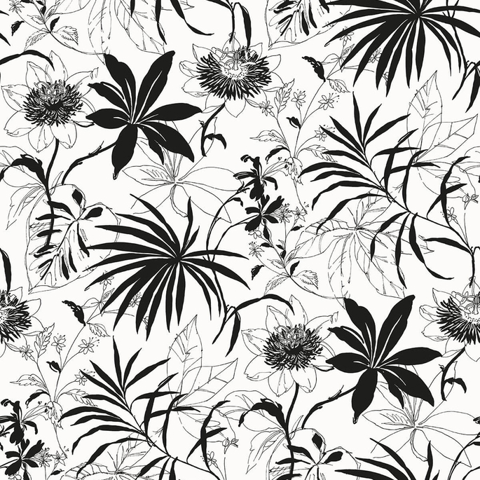NextWall Peel &amp; Stick Tropical Garden Black &amp; White Wallpaper image 1 of 5