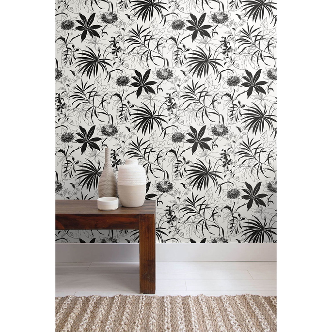 NextWall Peel &amp; Stick Tropical Garden Black &amp; White Wallpaper image 2 of 5