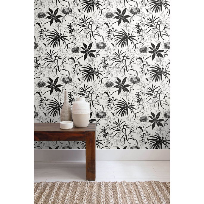 NextWall Peel &amp; Stick Tropical Garden Black &amp; White Wallpaper image 2 of 5