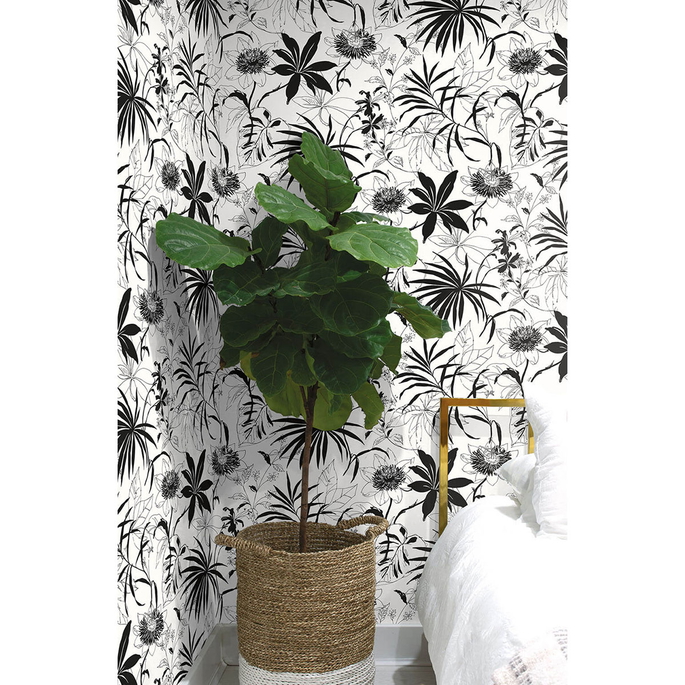 NextWall Peel &amp; Stick Tropical Garden Black &amp; White Wallpaper image 3 of 5