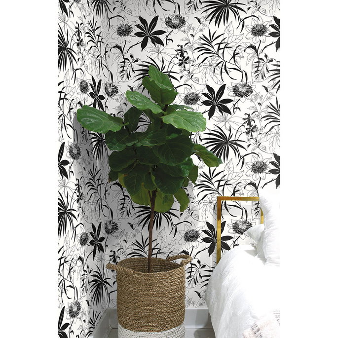 NextWall Peel &amp; Stick Tropical Garden Black &amp; White Wallpaper image 3 of 5