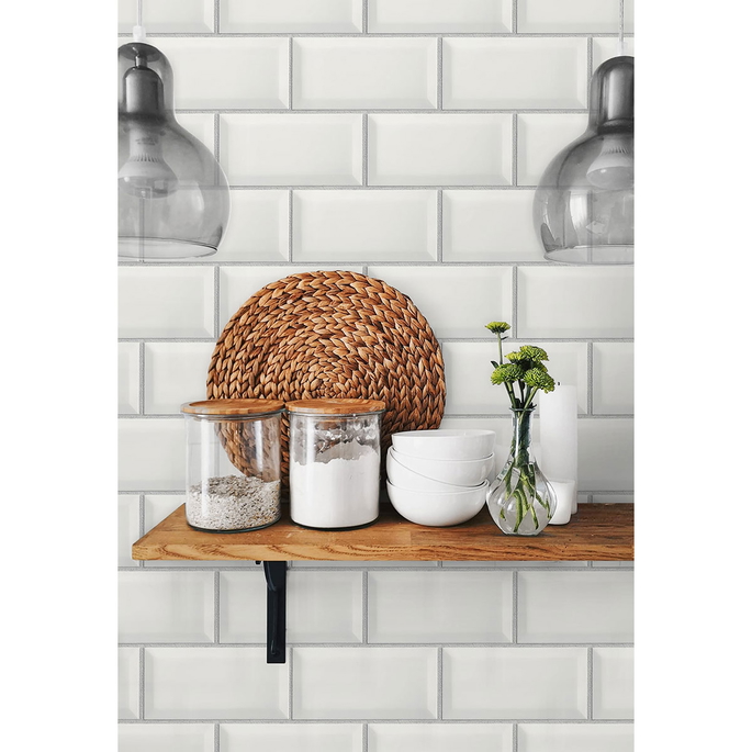 NextWall Peel &amp; Stick Large Subway Tile Alabaster &amp; Grey Wallpaper image 2 of 5