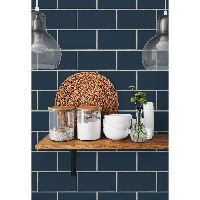 NextWall Peel &amp; Stick Retro Subway Tile Navy Blue Wallpaper image 2 of 5