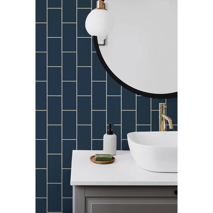 NextWall Peel &amp; Stick Retro Subway Tile Navy Blue Wallpaper image 3 of 5