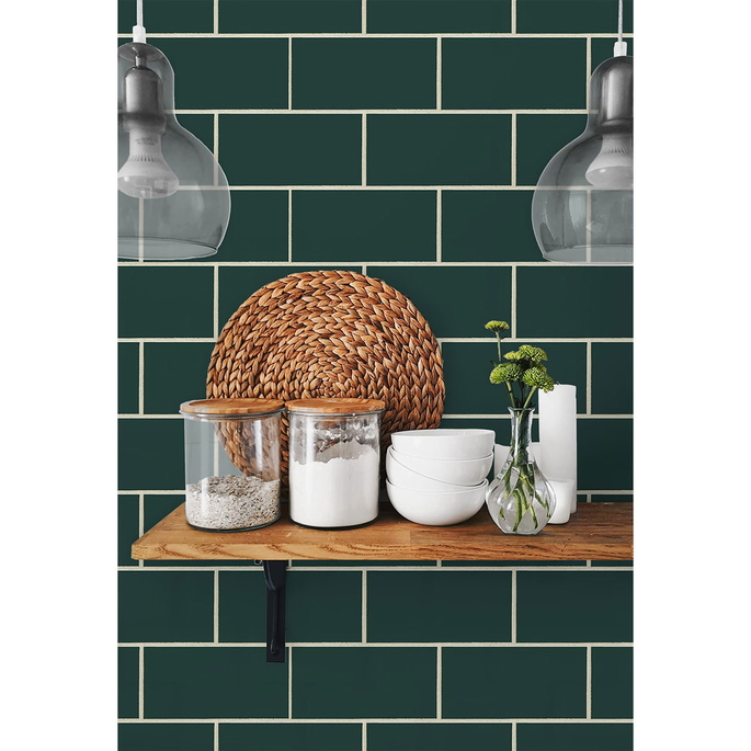 NextWall Peel &amp; Stick Retro Subway Tile Evergreen Wallpaper image 2 of 5