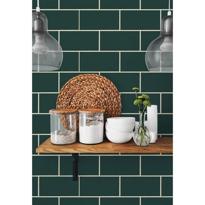 NextWall Peel &amp; Stick Retro Subway Tile Evergreen Wallpaper image 2 of 5