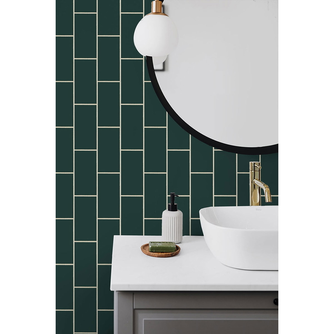 NextWall Peel &amp; Stick Retro Subway Tile Evergreen Wallpaper image 3 of 5