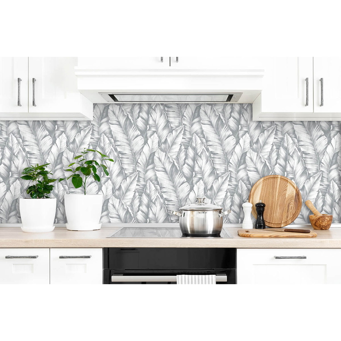 NextWall Peel &amp; Stick Baha Banana Leaves Daydream Gray Wallpaper image 2 of 5