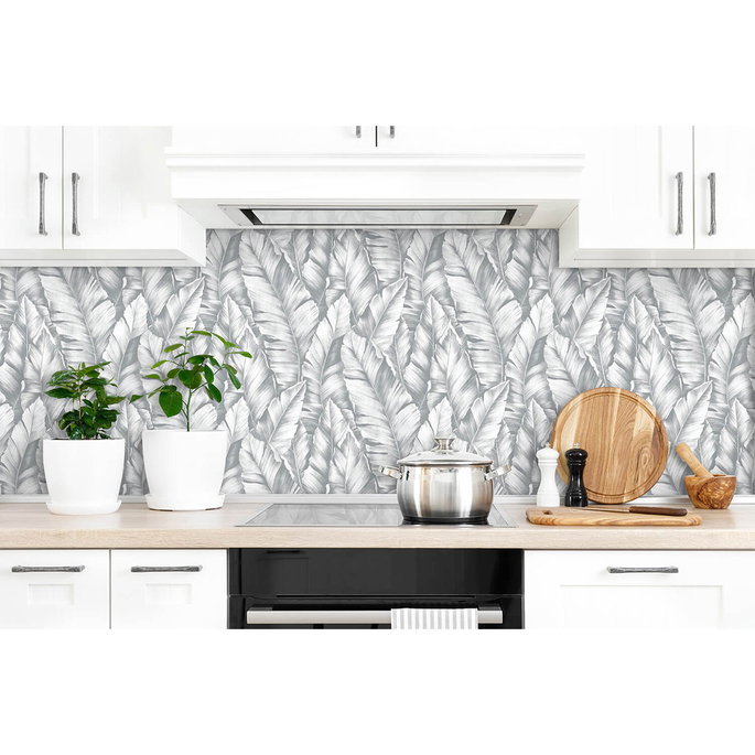 NextWall Peel &amp; Stick Baha Banana Leaves Daydream Gray Wallpaper image 2 of 5