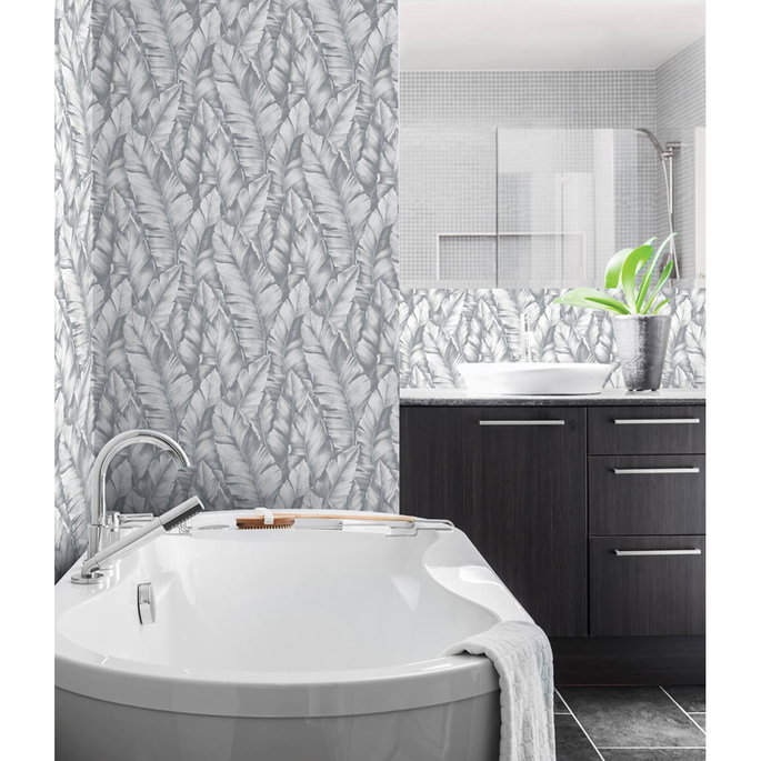 NextWall Peel &amp; Stick Baha Banana Leaves Daydream Gray Wallpaper image 4 of 5